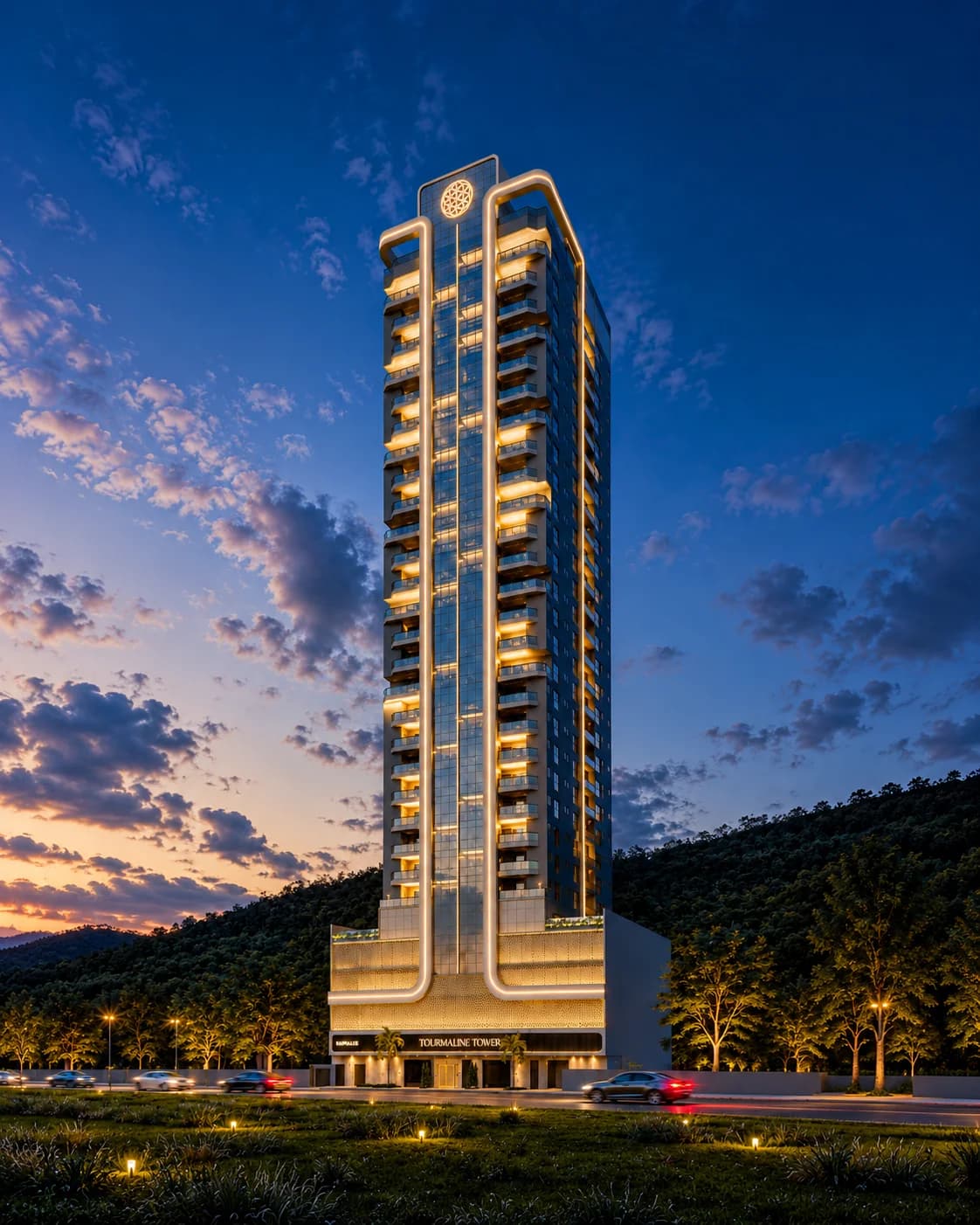 Tourmaline Tower, empreendimento da Amaan em Porto Belo, iluminado ao anoitecer