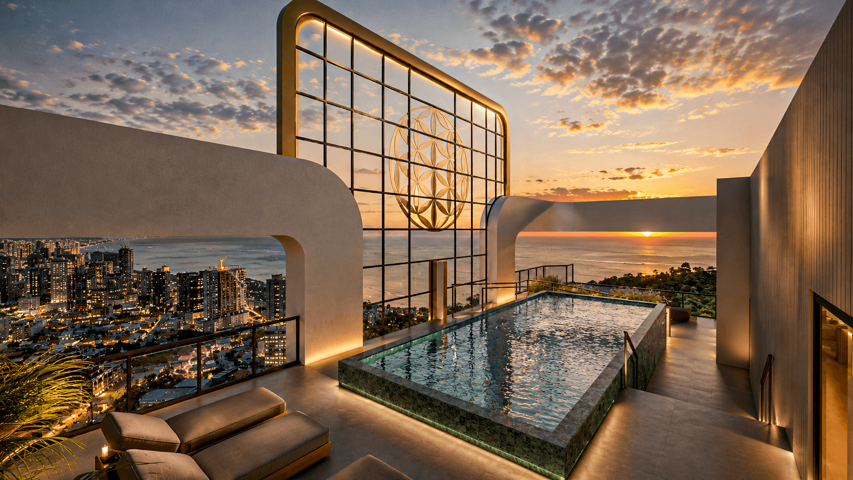 Rooftop de empreendimento da Harpaluus ao pôr do sol, com a cidade e o mar ao fundo
