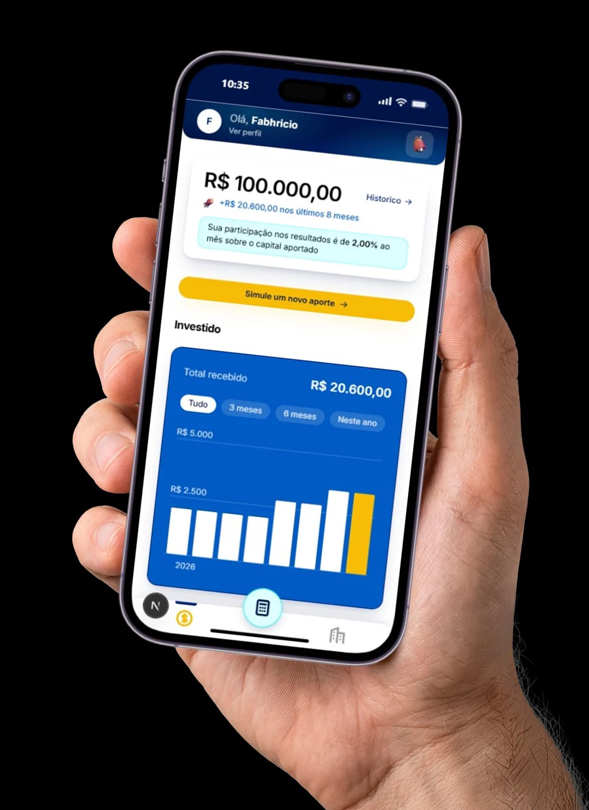 Aplicativo Amaan Invest em um celular, mostrando capital aportado, total recebido e a evolução das distribuições da SCP